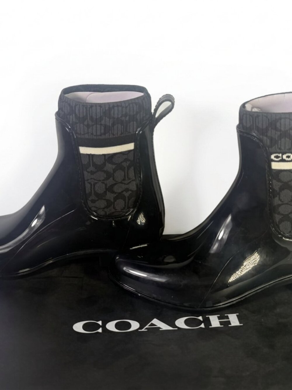 Coach Signature Jacquard Knit Chelsea Rain Bootie Black 7B G5254 With Box